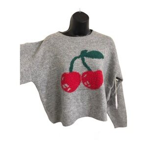 Luna Ivy gray knit cherry printed long sleeve ribbed‎ crewneck sweater size XS